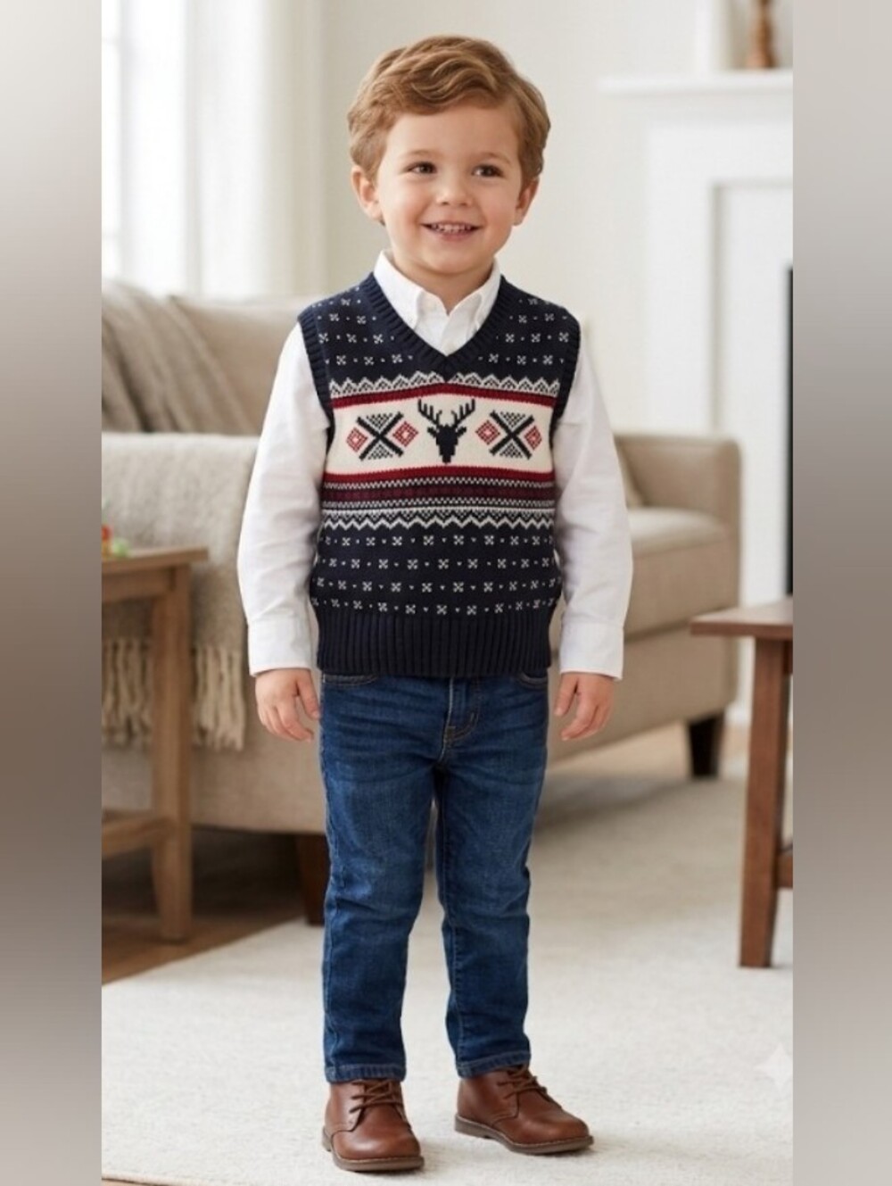 CHAPS RALPH LAUREN Boy's 3T Fair Isle Reindeer Sweater Vest Kniited Cotton